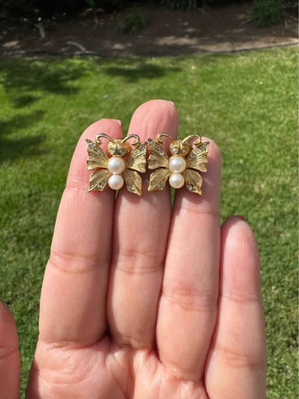 Vintage Dainty Butterfly and Pearls Clip On Earrings